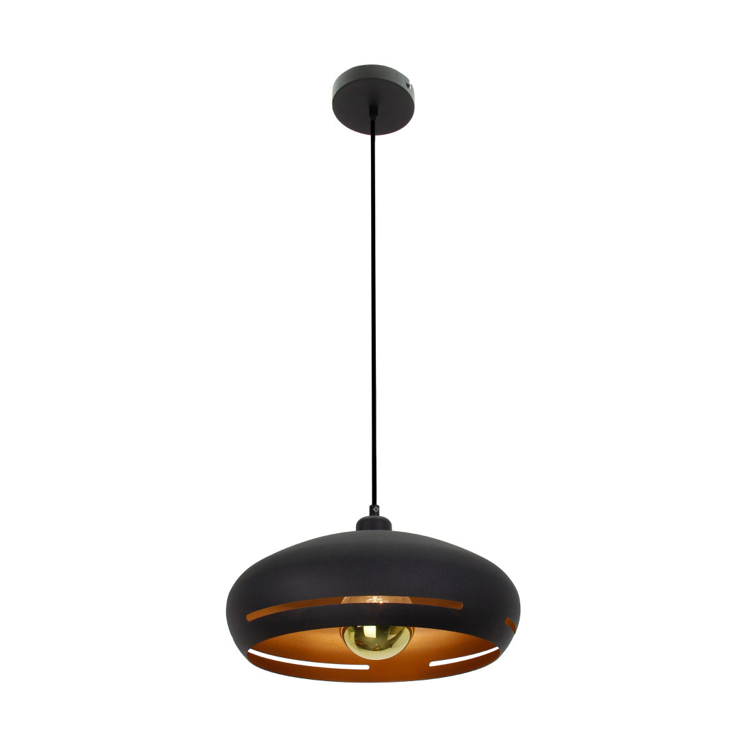 Deze gouden hanglamp met zwarte accenten voegt een luxe uitstraling toe aan jouw interieur.