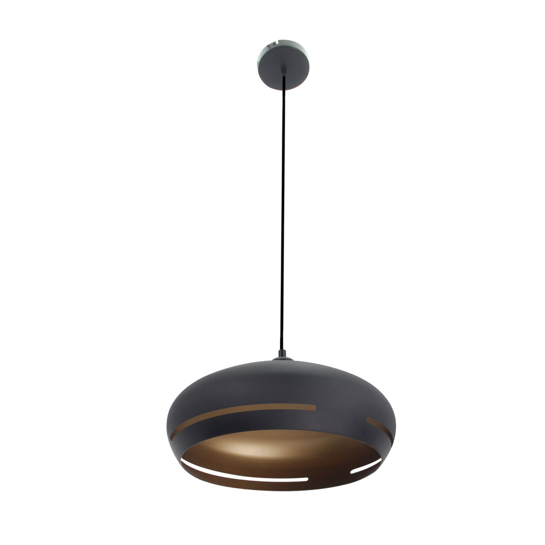 Detailweergave van de gouden Striscia hanglamp met zwarte accenten. Deze lamp voegt een luxe touch toe aan jouw interieur.