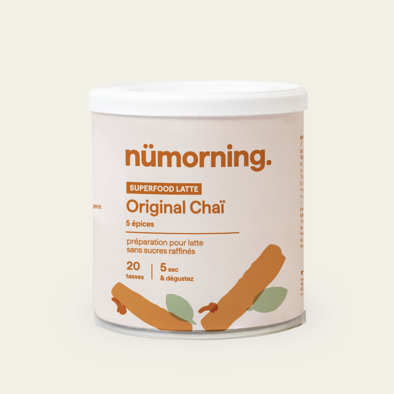 Boîte de chai latte en poudre bio et peu sucré L'original Chaï de la marque nümorning