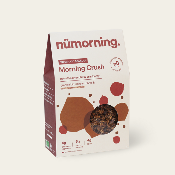 Paquet de granola bio Morning Crush, aux noisettes et au chocolat, de la marque nümorning