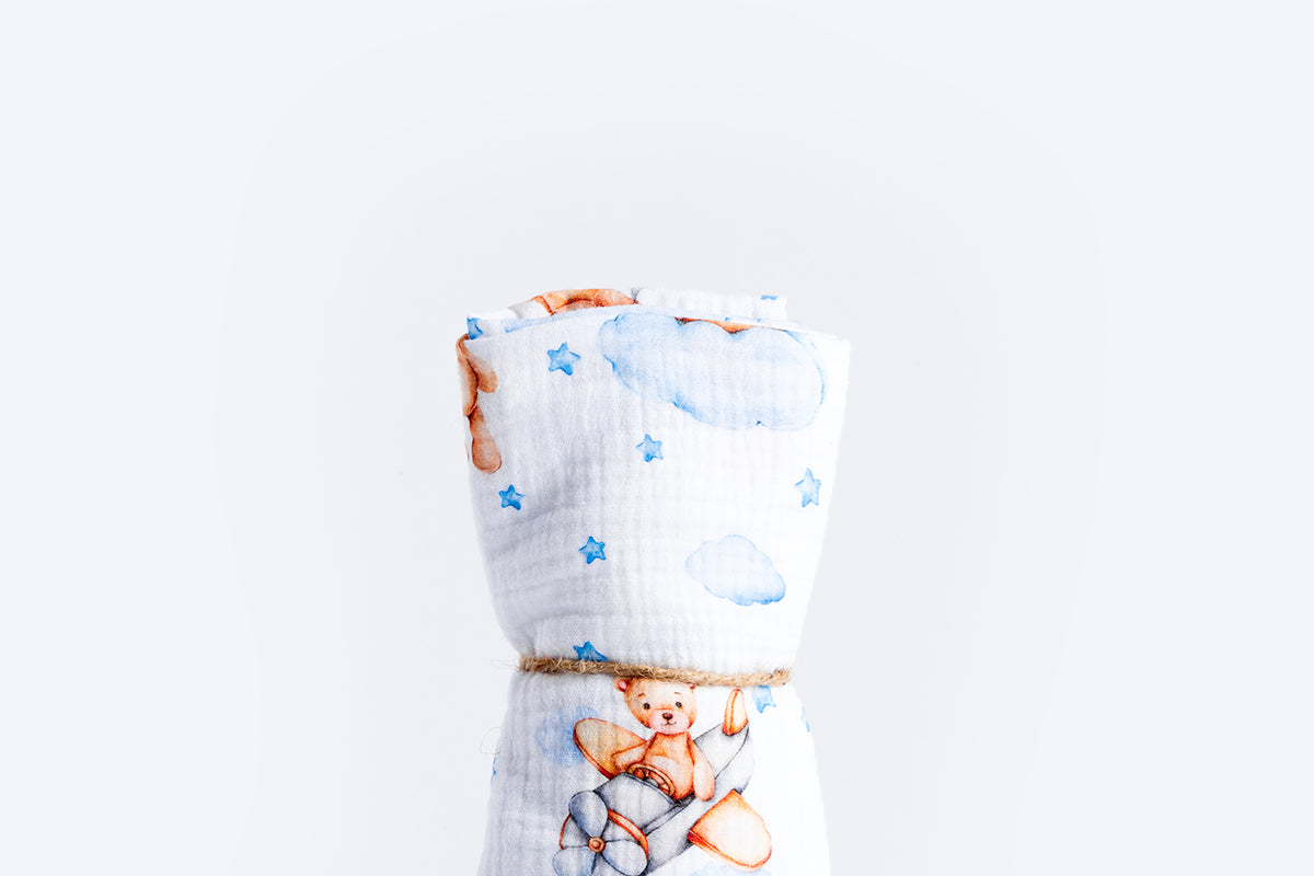 Children's Premium Muslin Tetra Diaper 65x65cm - Sleepy Bear - Blue