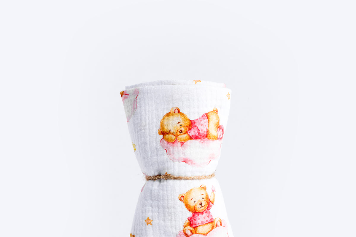 Children's Premium Muslin Tetra Diaper 65x65cm - Sleepy Bear - Pink