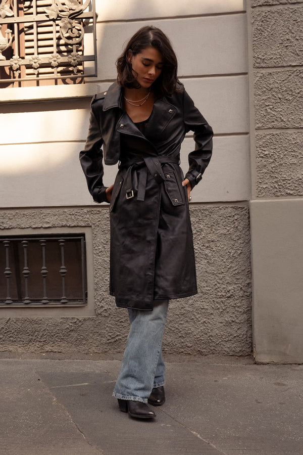 Trench donna Nero 100% vera pelle Made in Italy - Barone Firenze