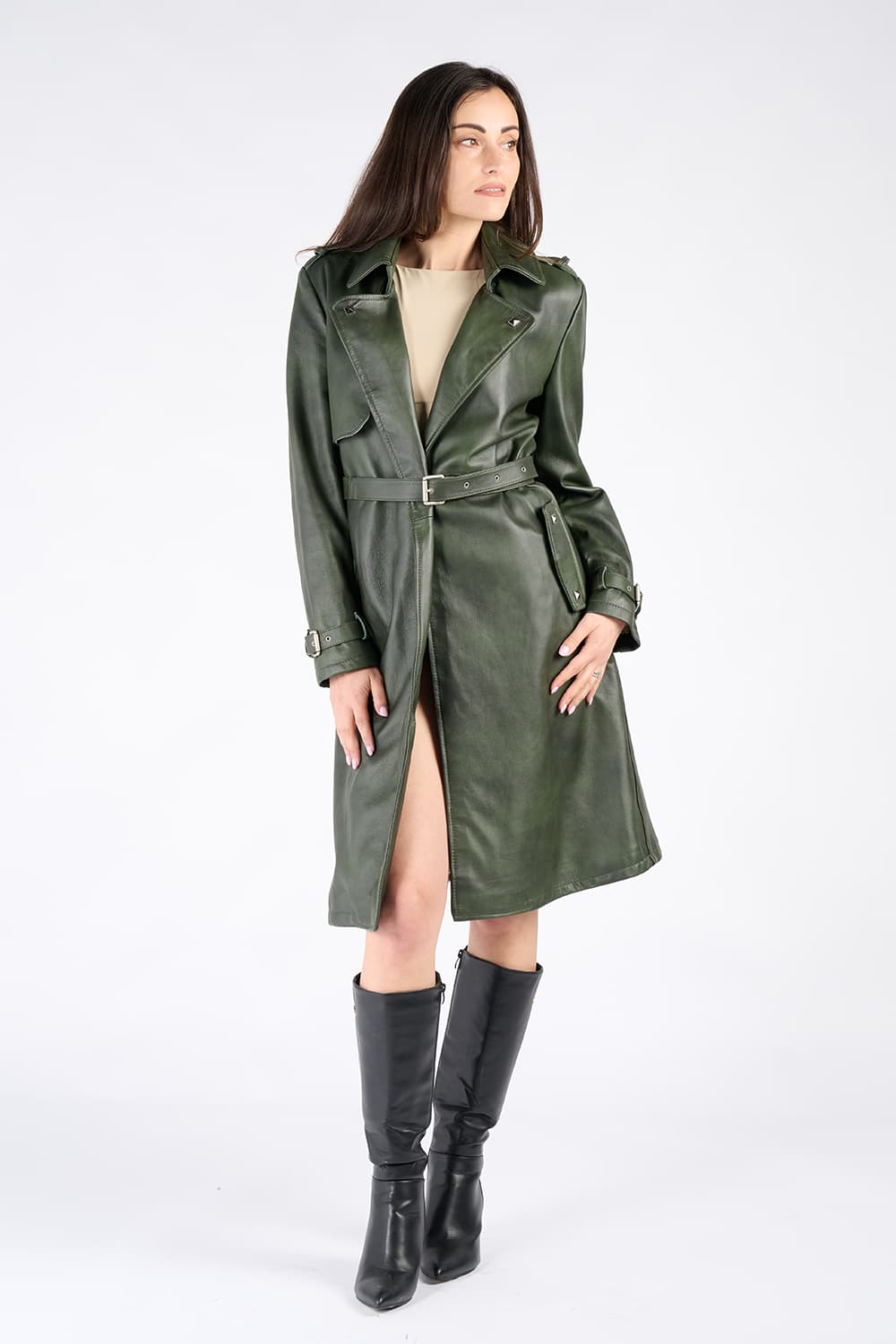 Trench donna Verde 100% vera pelle Made in Italy - Barone Firenze