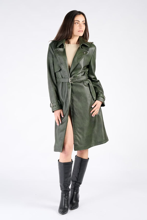 Trench donna Verde 100% vera pelle Made in Italy - Barone Firenze