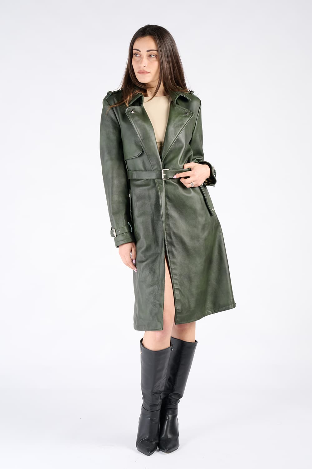 Trench donna Verde 100% vera pelle Made in Italy - Barone Firenze