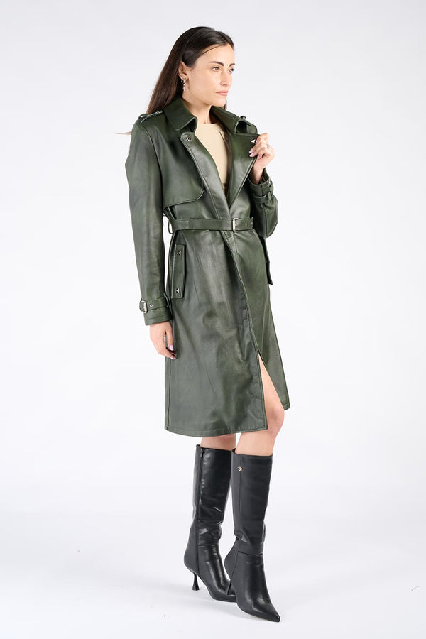 Trench donna Verde 100% vera pelle Made in Italy - Barone Firenze