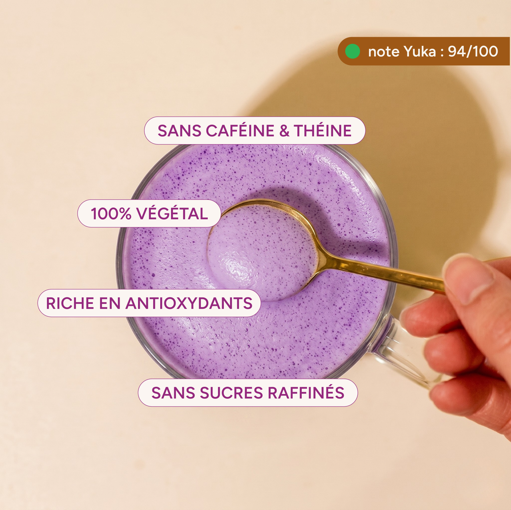 Avantages de l'ube latte : végétal, sans caféine, riche en antioxydants, Yuka 94/100