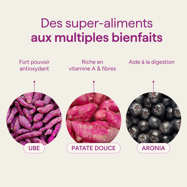 Ingrédients de l'ube latte et leurs qualités : ube, patate douce et aronia