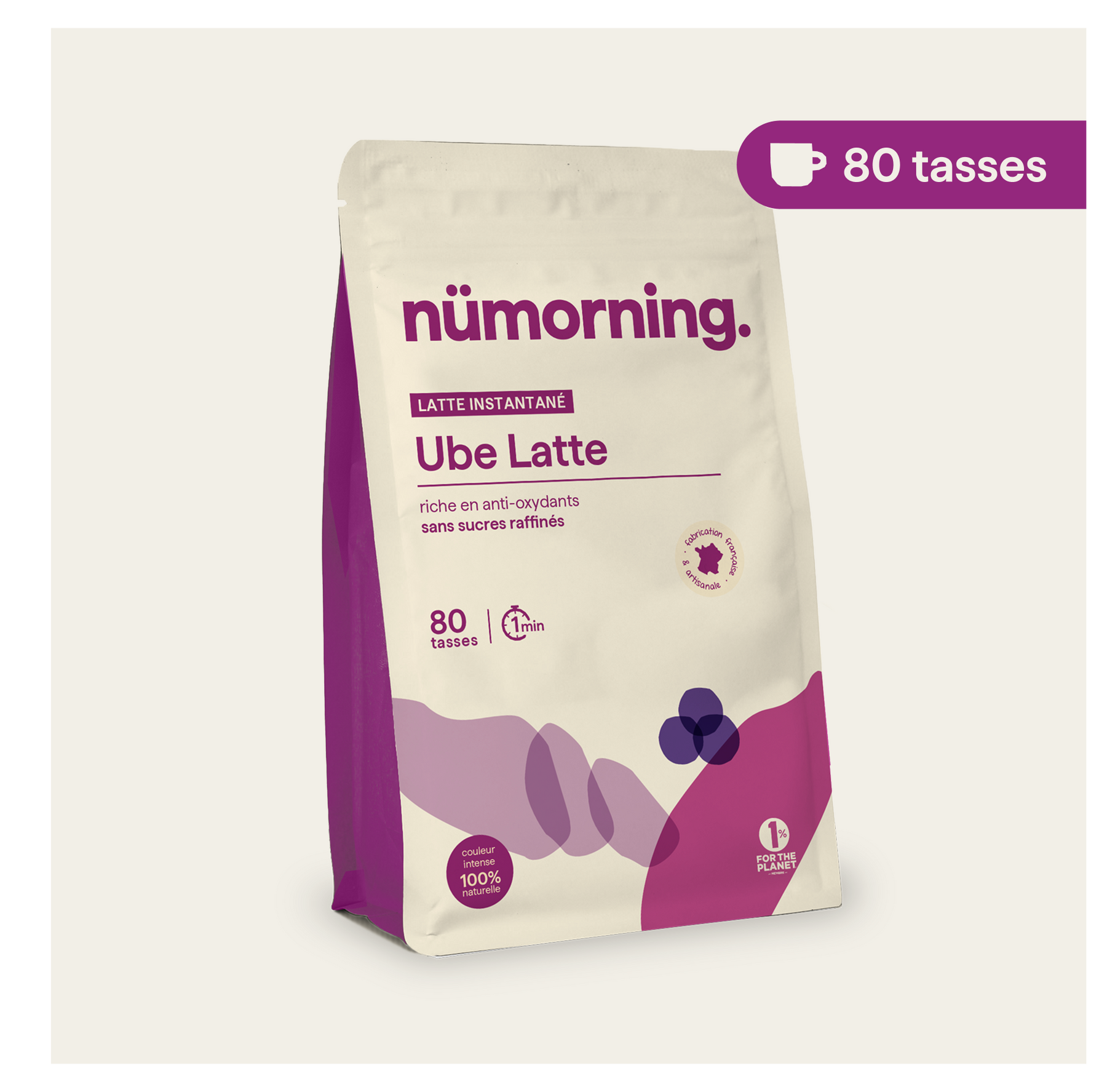 Sachet d'ube latte bio en poudre nümorning, en format 80 tasses
