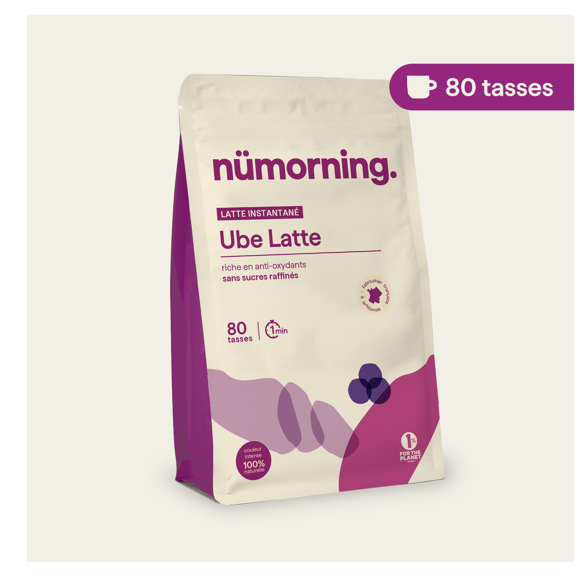 Sachet d'ube latte bio en poudre nümorning, en format 80 tasses