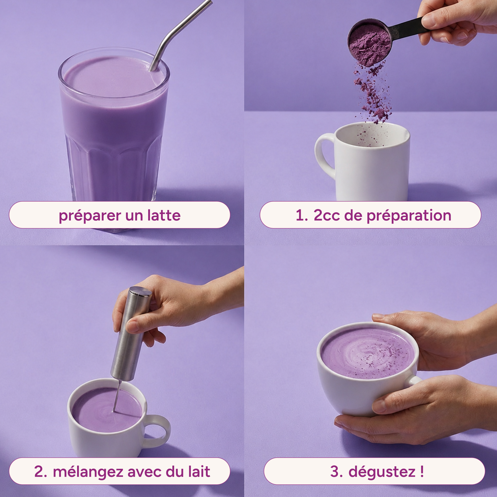 Préparation de l'ube latte en 3 étapes : poudre, lait et mélange, dégustation