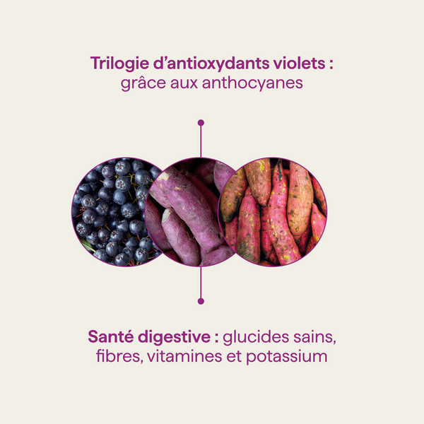 Infographie montrant les bénéfices du ube latte bio en poudre de la marque nümorning