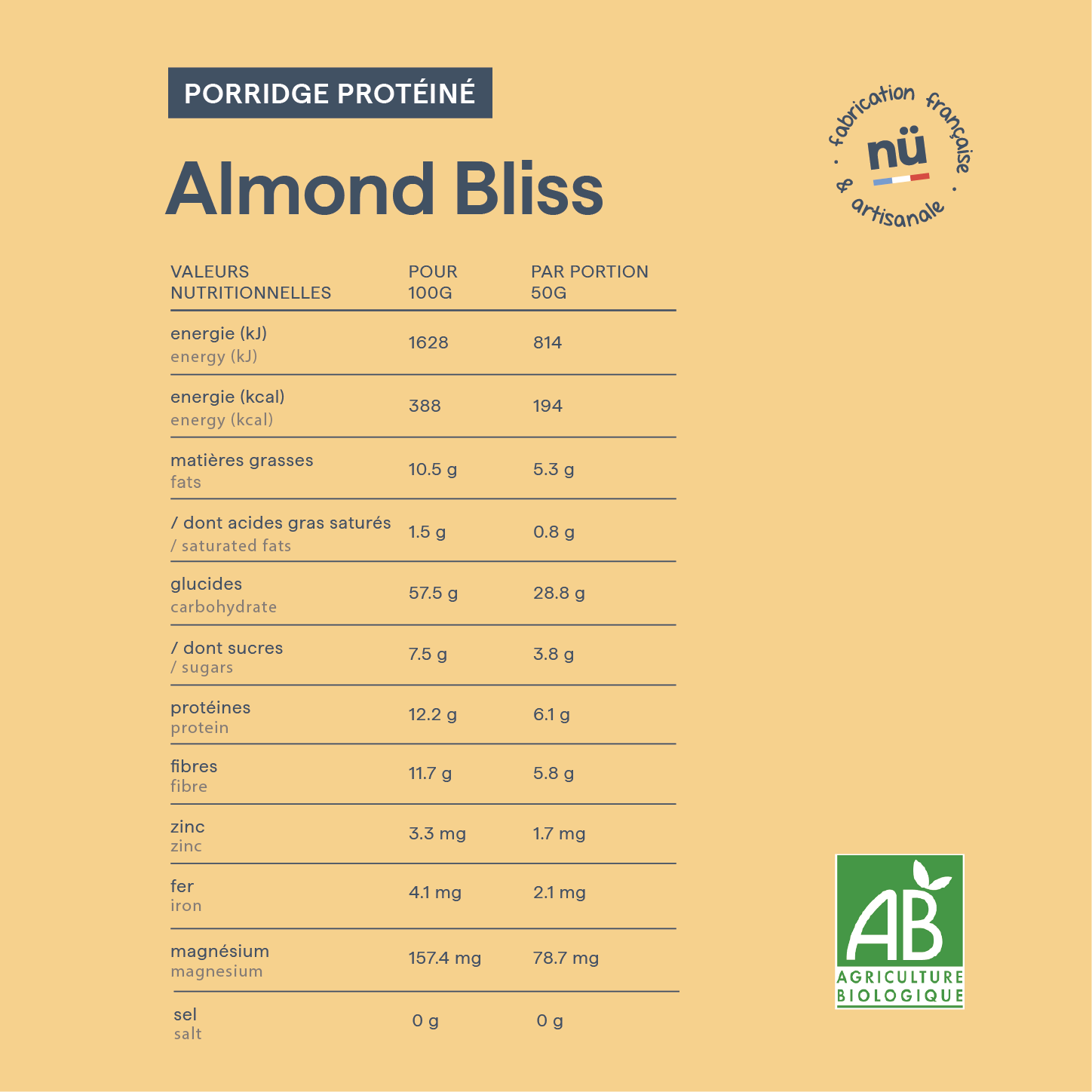 Tableau des valeurs nutritionnelles du porridge bio vanille et amande Almond Bliss de nümorning