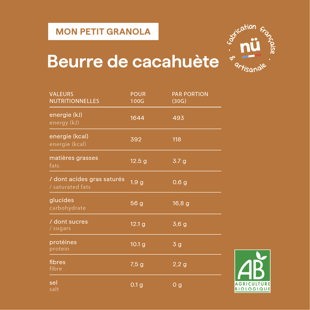 Tableau des valeurs nutritionnelles des céréales pour enfant bio au beurre de cacahuète de nümorning