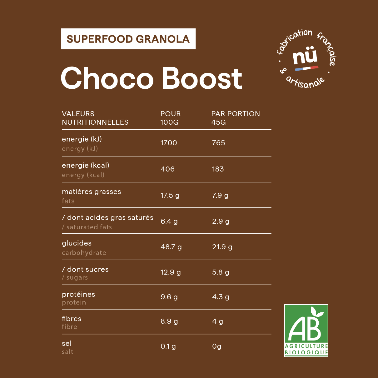 Tableau des valeurs nutritionnelles du granola bio chocolat Choco Boost de nümorning