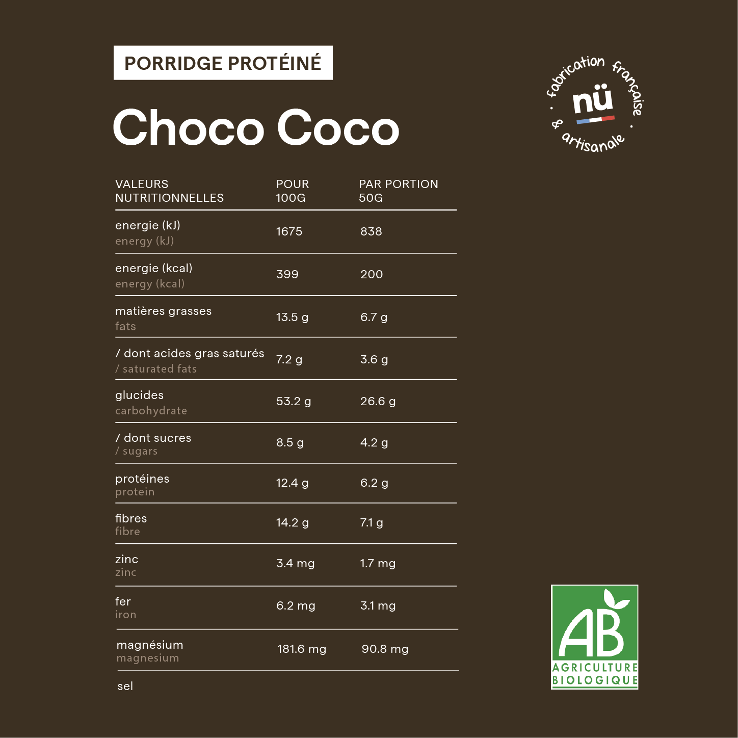 Tableau des valeurs nutritionnelles du porridge bio chocolat coco Choco Coco de nümorning