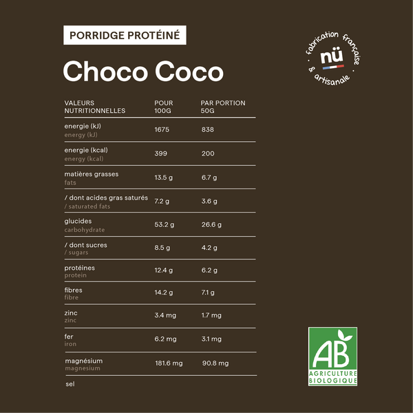 Tableau des valeurs nutritionnelles du porridge bio chocolat coco Choco Coco de nümorning