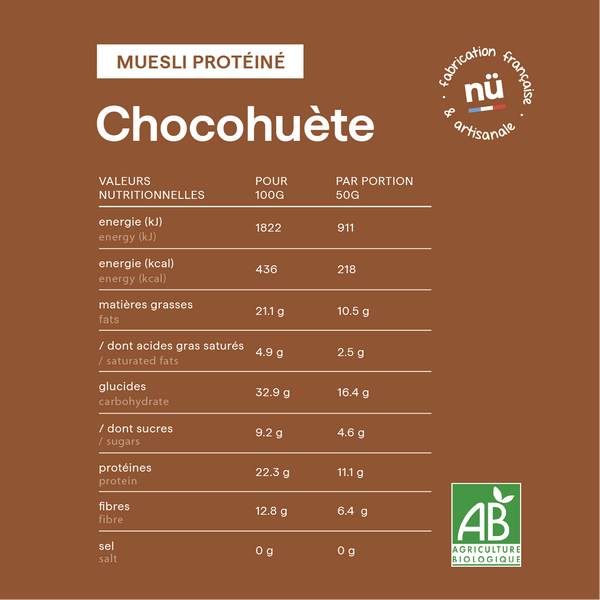 Tableau des valeurs nutritionnelles du muesli bio chocolat et cacahuète Chochouète de nümorning