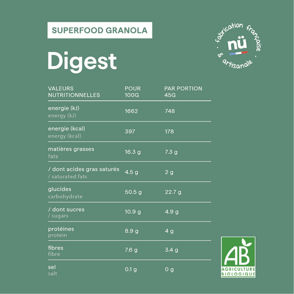Tableau des valeurs nutritionnelles du granola bio vanille coco DIGEST de nümorning