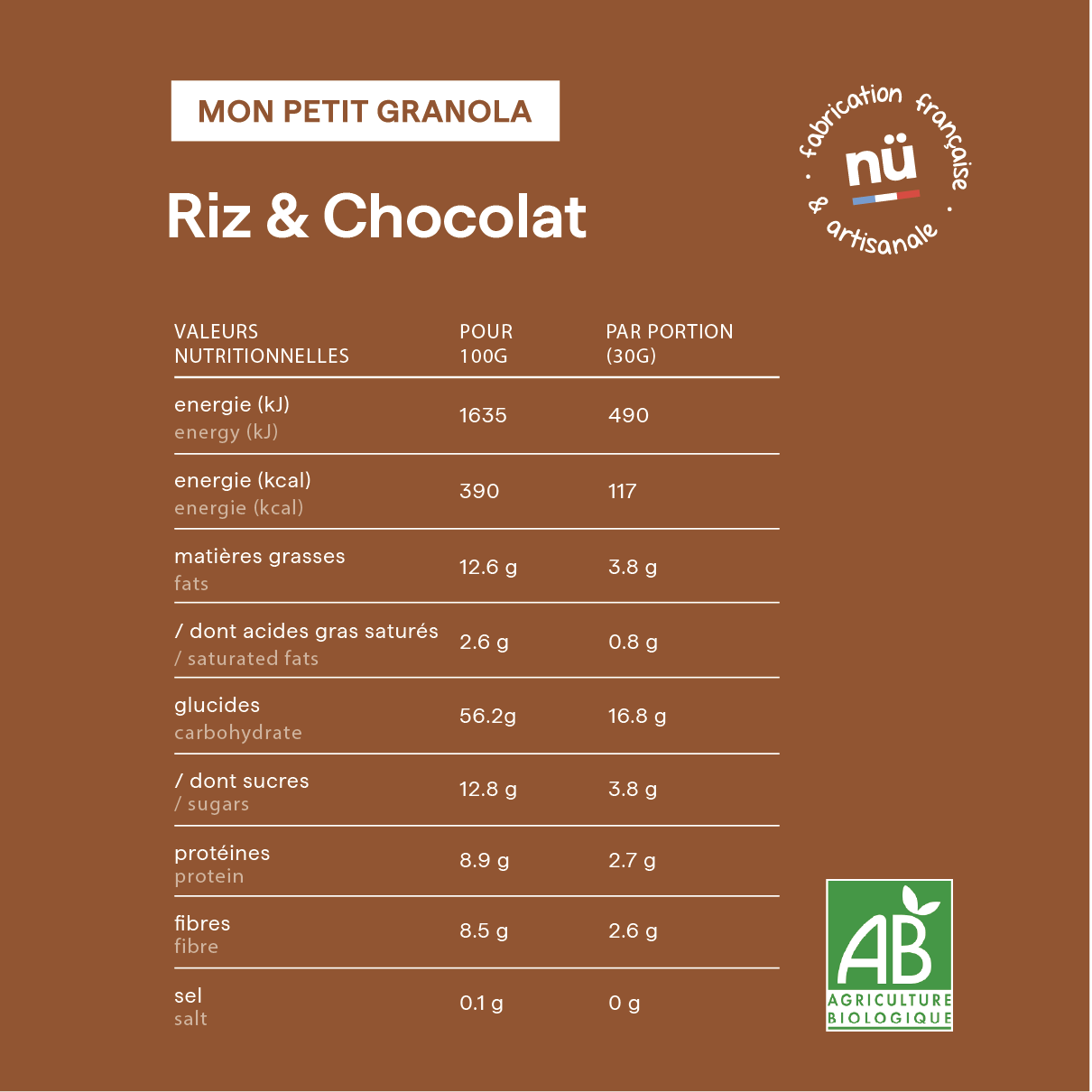 Tableau des valeurs nutritionnelles des céréales pour enfant bio Riz et Chocolat, de nümorning