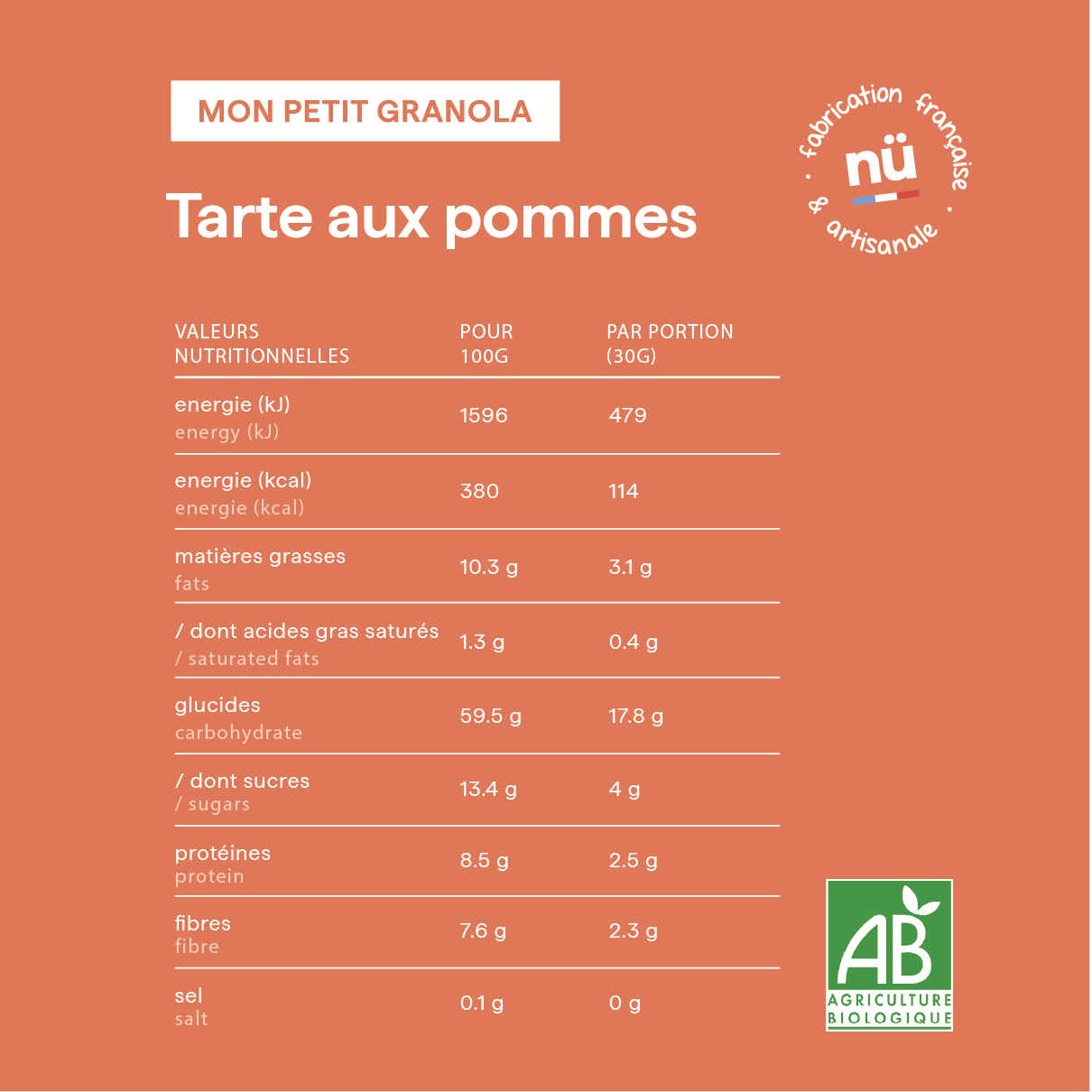 Tableau des valeurs nutritionnelles des céréales pour enfant bio Tarte aux pommes, de nümorning