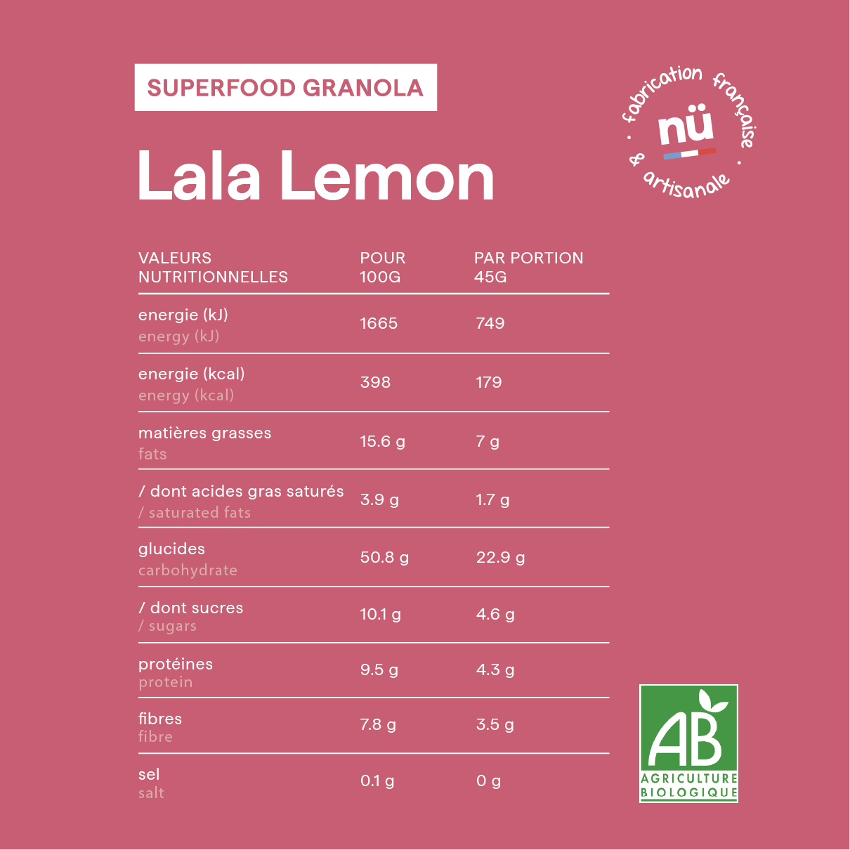 Tableau des valeurs nutritionnelles du granola framboise nümorning