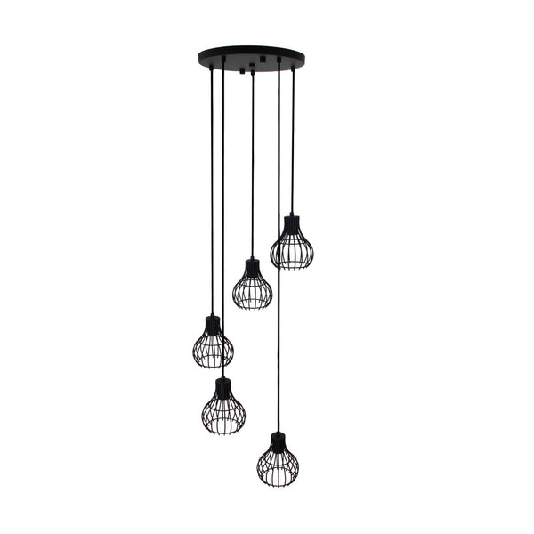 Deze detailfoto toont de moderne Goccia hanglamp in zwart met vijf lichtpunten. Een eyecatcher voor elke ruimte.