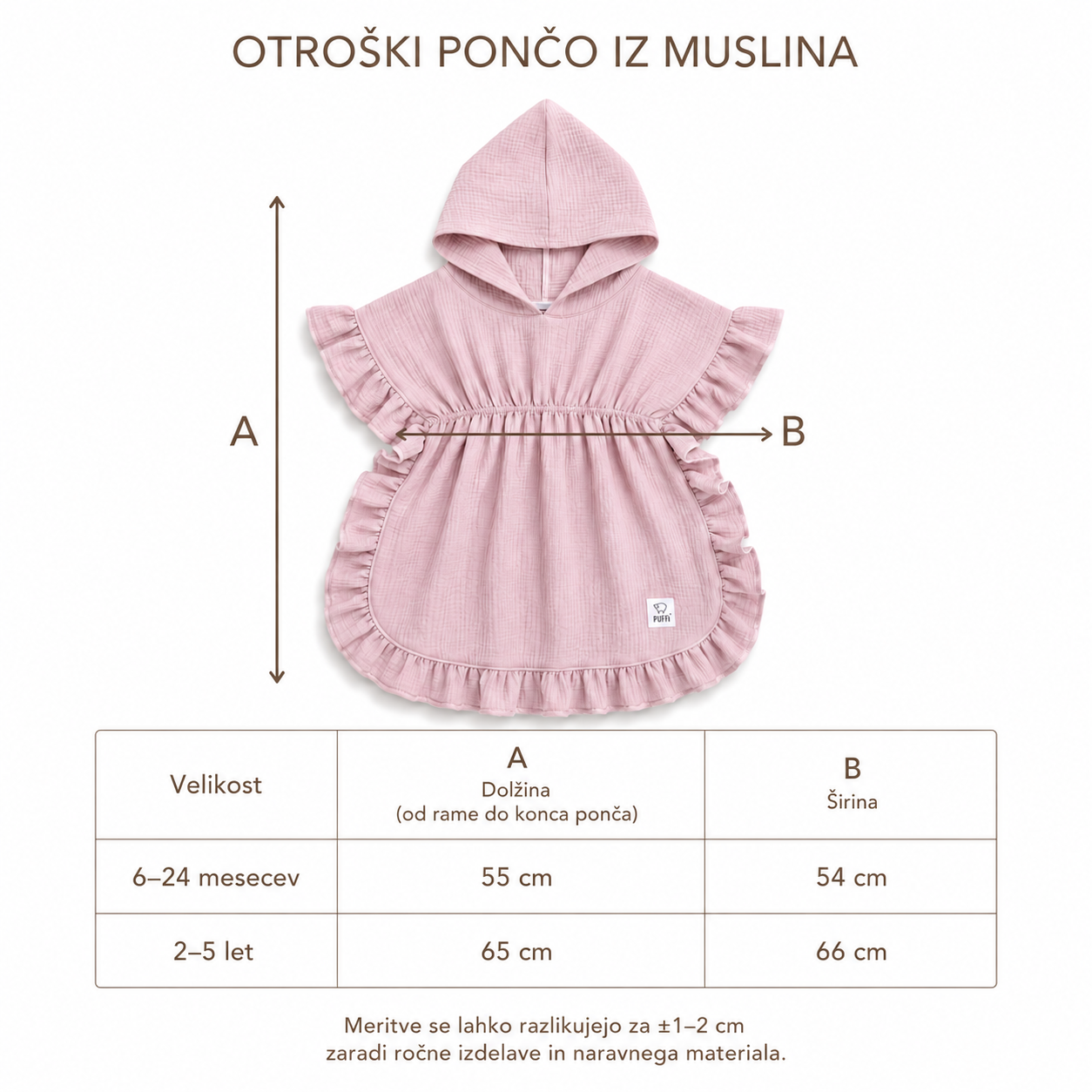 Velikostna tabela za otroški kopalni pončo MUSLIN z naborki v puder roza barvi za velikosti 6–24 mesecev in 2–5 let.
