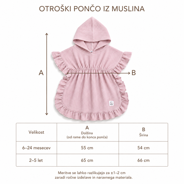 Velikostna tabela za otroški kopalni pončo MUSLIN z naborki v puder roza barvi za velikosti 6–24 mesecev in 2–5 let.