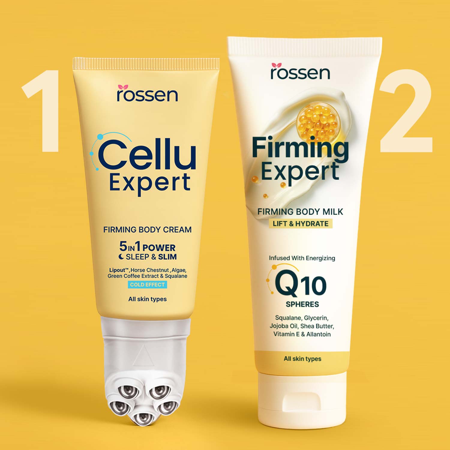 Two Rossen skincare tubes labeled Cellu Expert and Firming Expert on a yellow background, showing a 1 and a 2 as part of a side-by-side promotion.