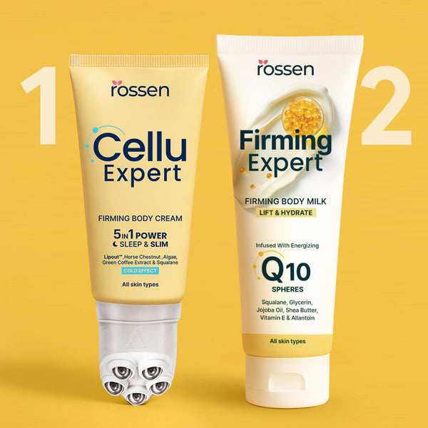 Two Rossen skincare tubes labeled Cellu Expert and Firming Expert on a yellow background, showing a 1 and a 2 as part of a side-by-side promotion.