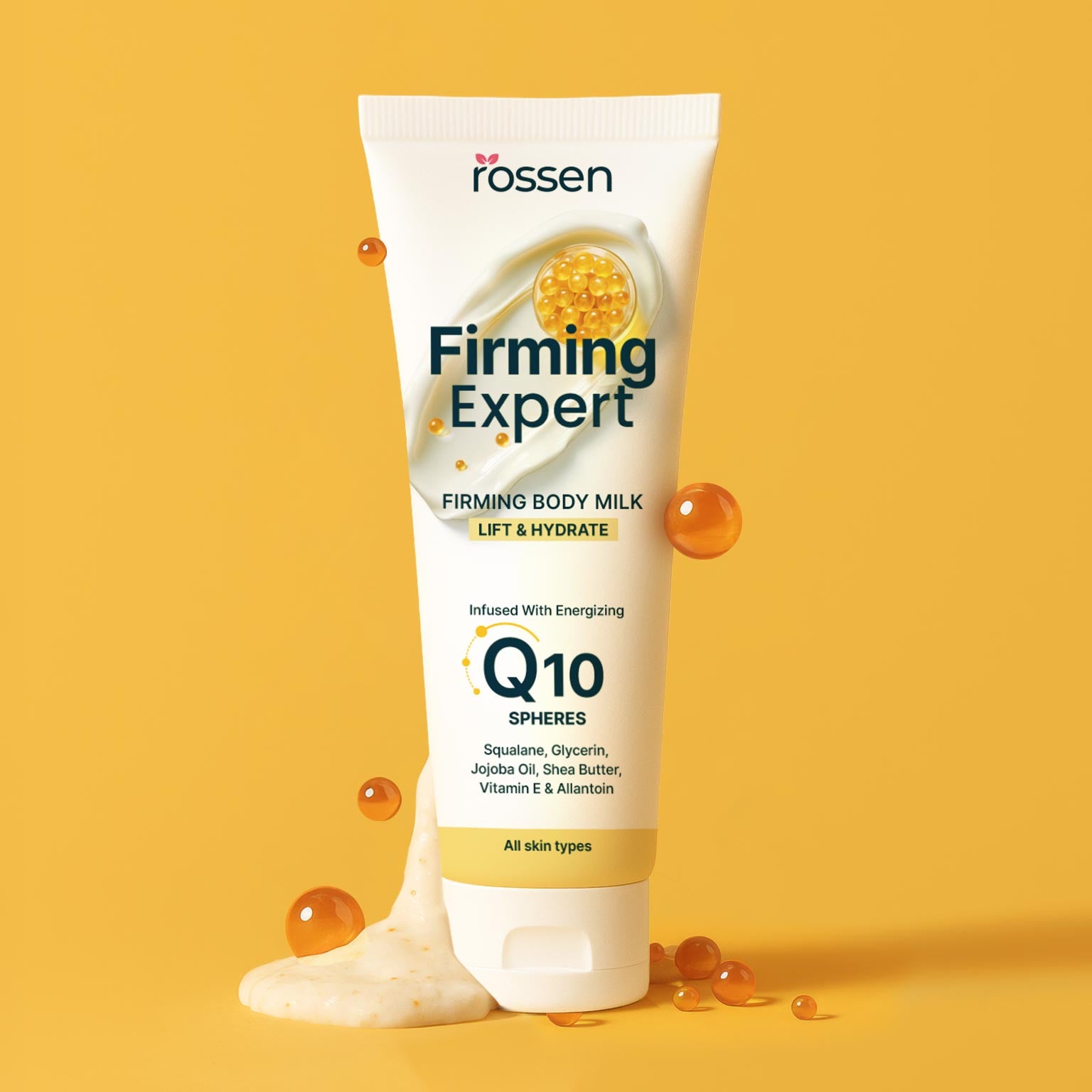 Rossen Firming Expert Firming Body Milk bottle with Q10 spheres, on a yellow background (lift and hydrate)