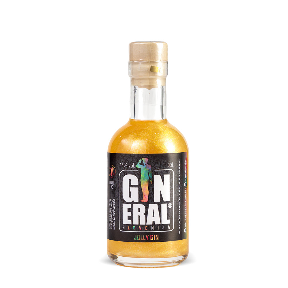 Bottle of golden gin with a black label reading 'GENERAL' and 'JOLLY GIN' on a white background