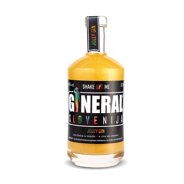 Bottle of Jolly Gin with black label reading GENERAL SLOVENIJA and a yellow spirit inside.