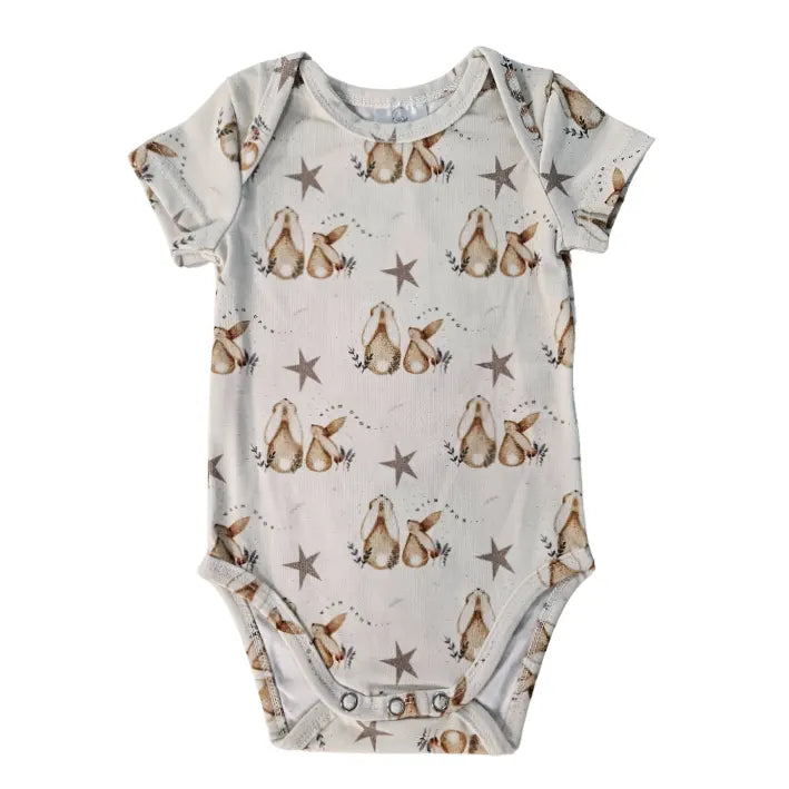 Short Sleeve Bodysuit - Bunnies and Stars - Beige