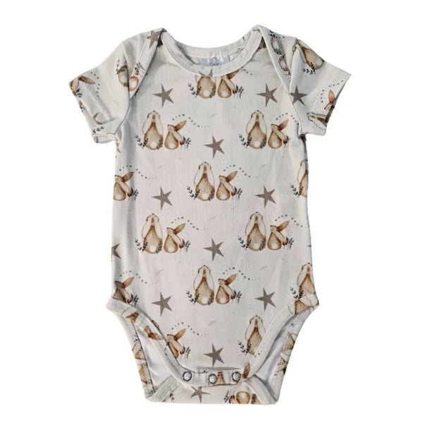 Short Sleeve Bodysuit - Bunnies and Stars - Beige