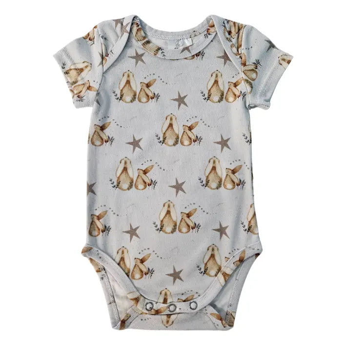 Short Sleeve Bodysuit - Bunnies and Stars - Gray