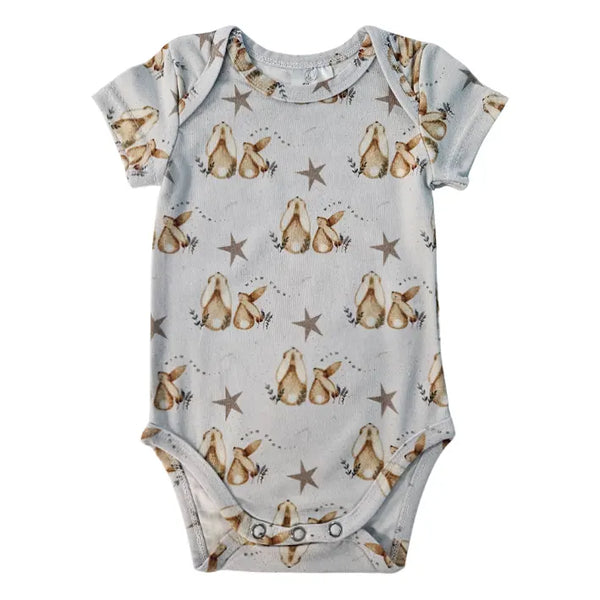 Short Sleeve Bodysuit - Bunnies and Stars - Gray