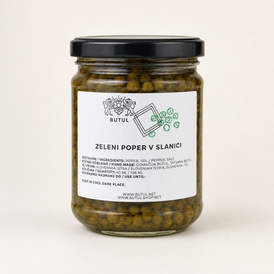 Zeleni poper v slanici Butul 212 ml z izvirno etiketo – studijska fotografija