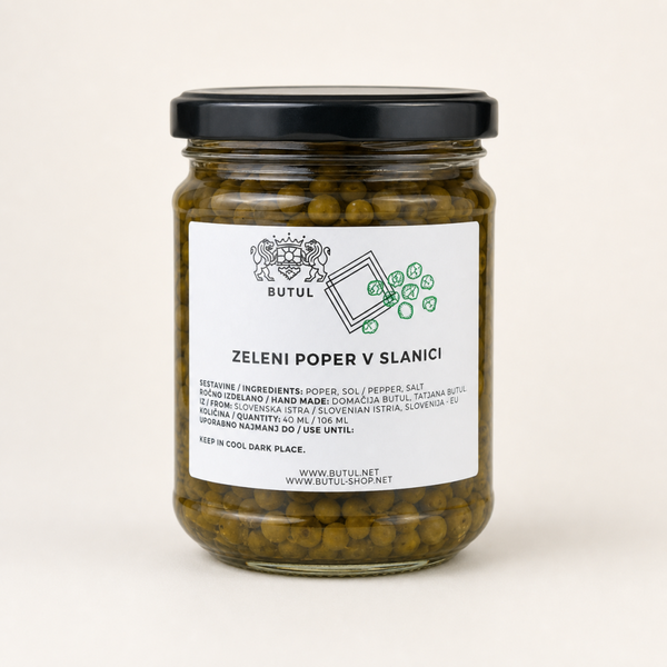 Zeleni poper v slanici Butul 212 ml z izvirno etiketo – studijska fotografija