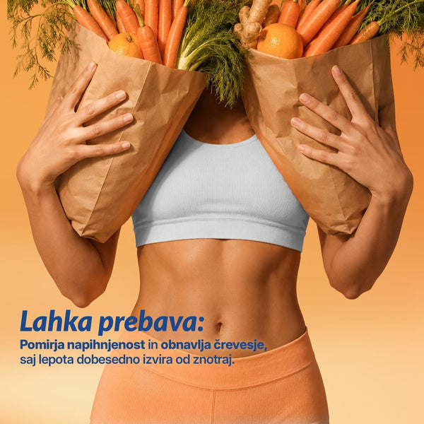 Person in a light workout top holding two paper bags of carrots and oranges, against an orange background; promo text about a light diet for bloating relief and gut health.