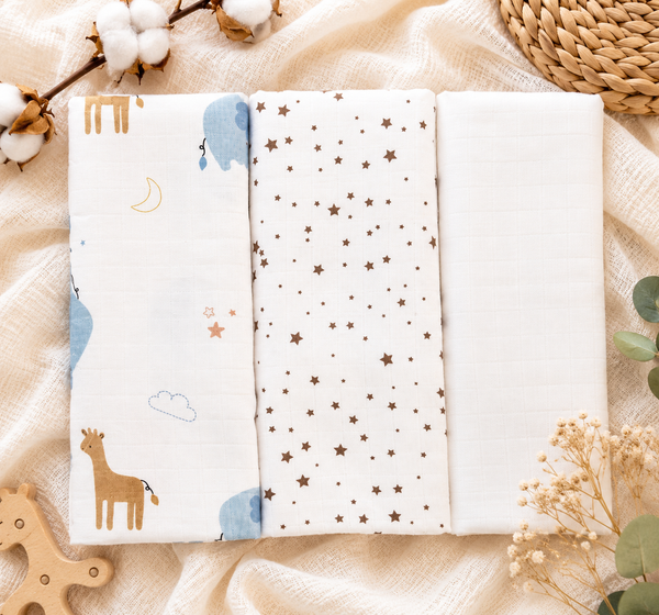 Set of 3/1 premium thicker cotton tetra diapers - Animals and Stars